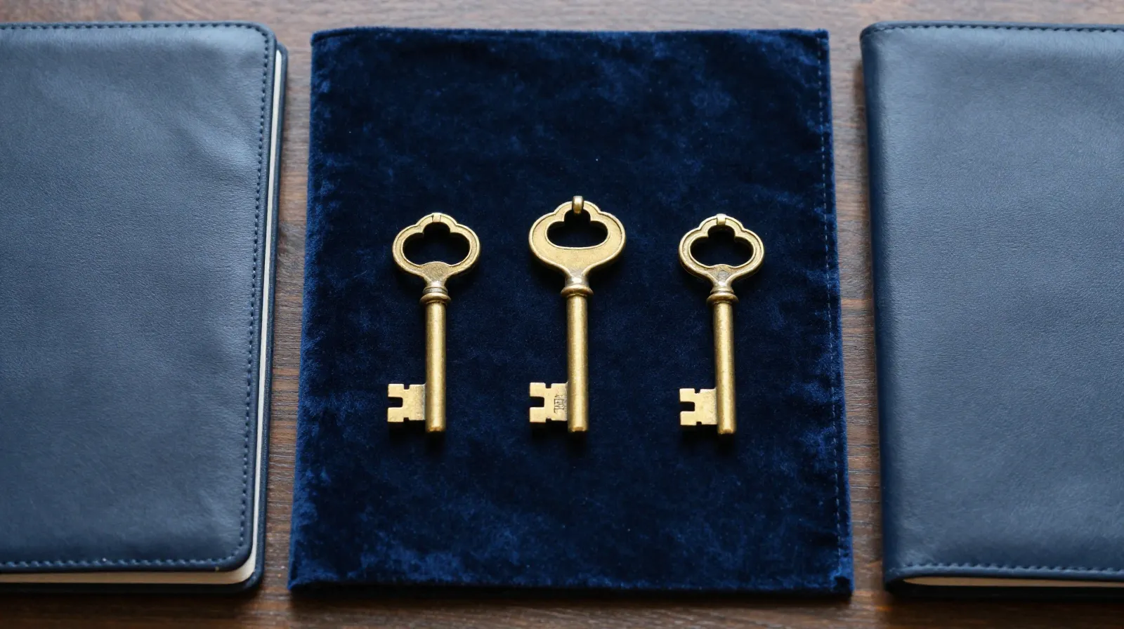 Tres llaves de latón junto a tres carpetas