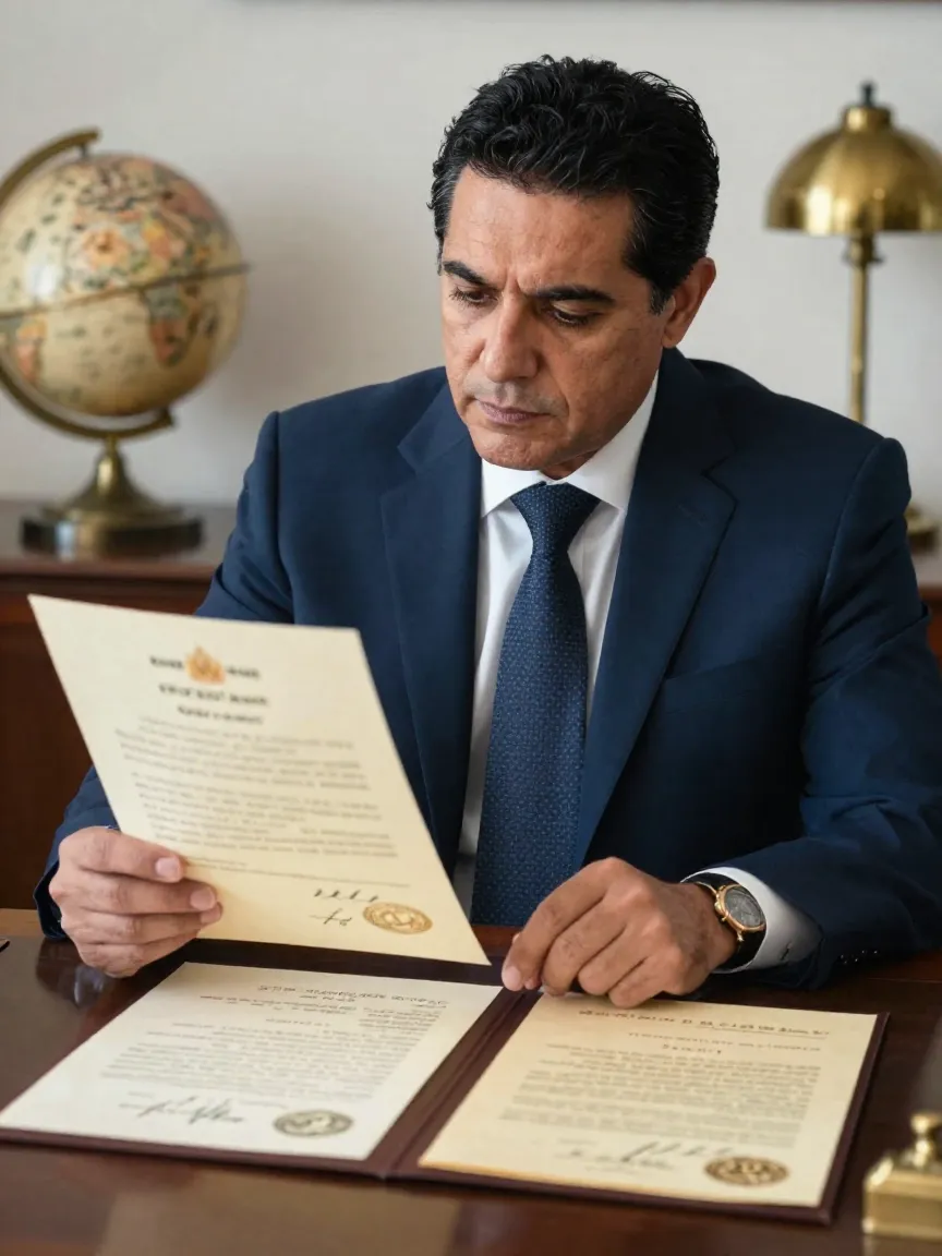 Abogado mexicano comparando escrituras de dos estados en un escritorio