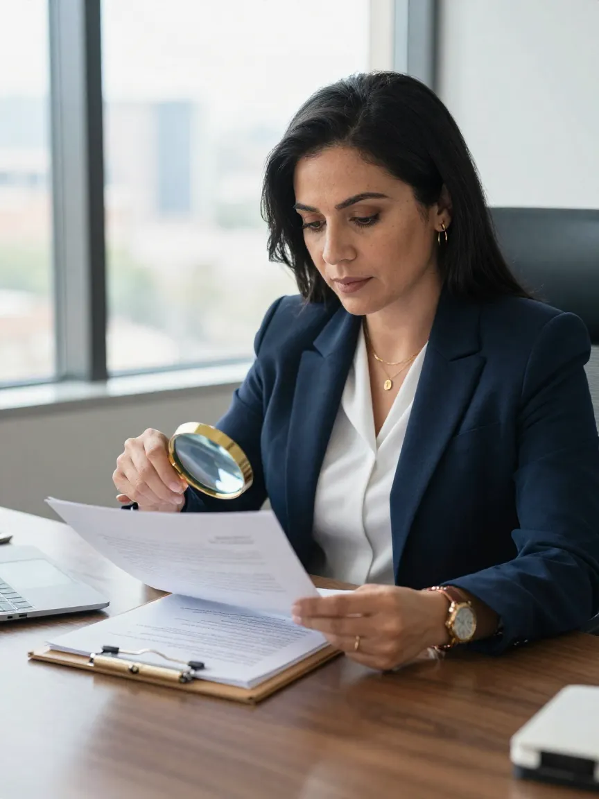 Asesora revisando el folio real y los documentos de un fiador foráneo