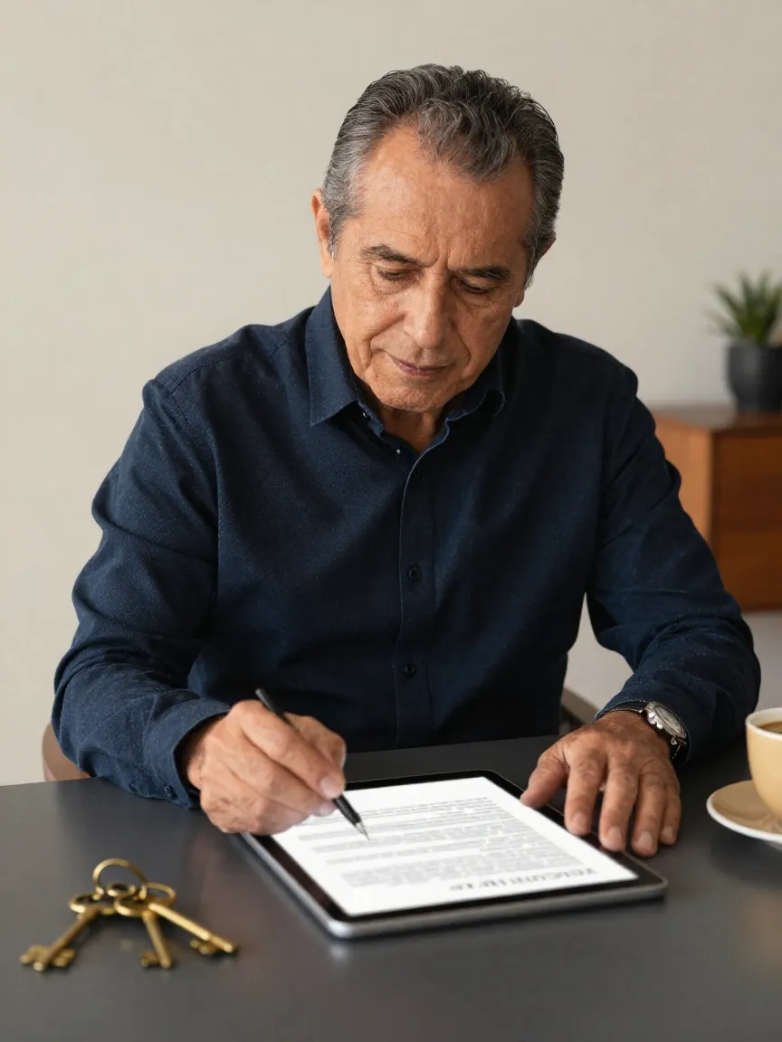 Trámite ágil: tableta con contrato digital junto a llaves de latón