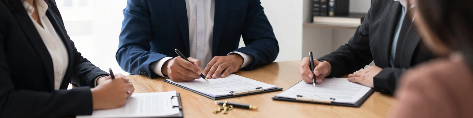 Propietario y abogada revisando un contrato ya firmado con garantía foránea