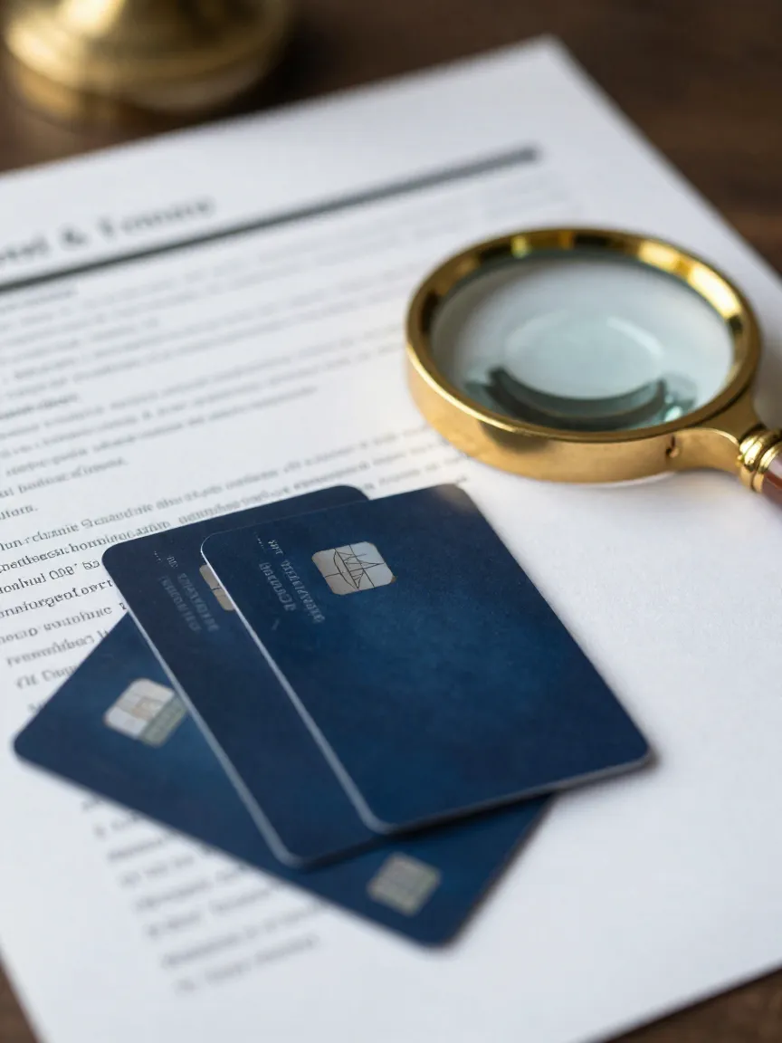 Reporte de historial crediticio con tarjetas y lupa sobre el escritorio