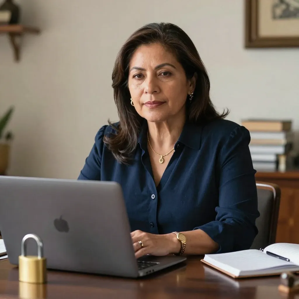 Propietaria cotizando protección jurídica en su computadora