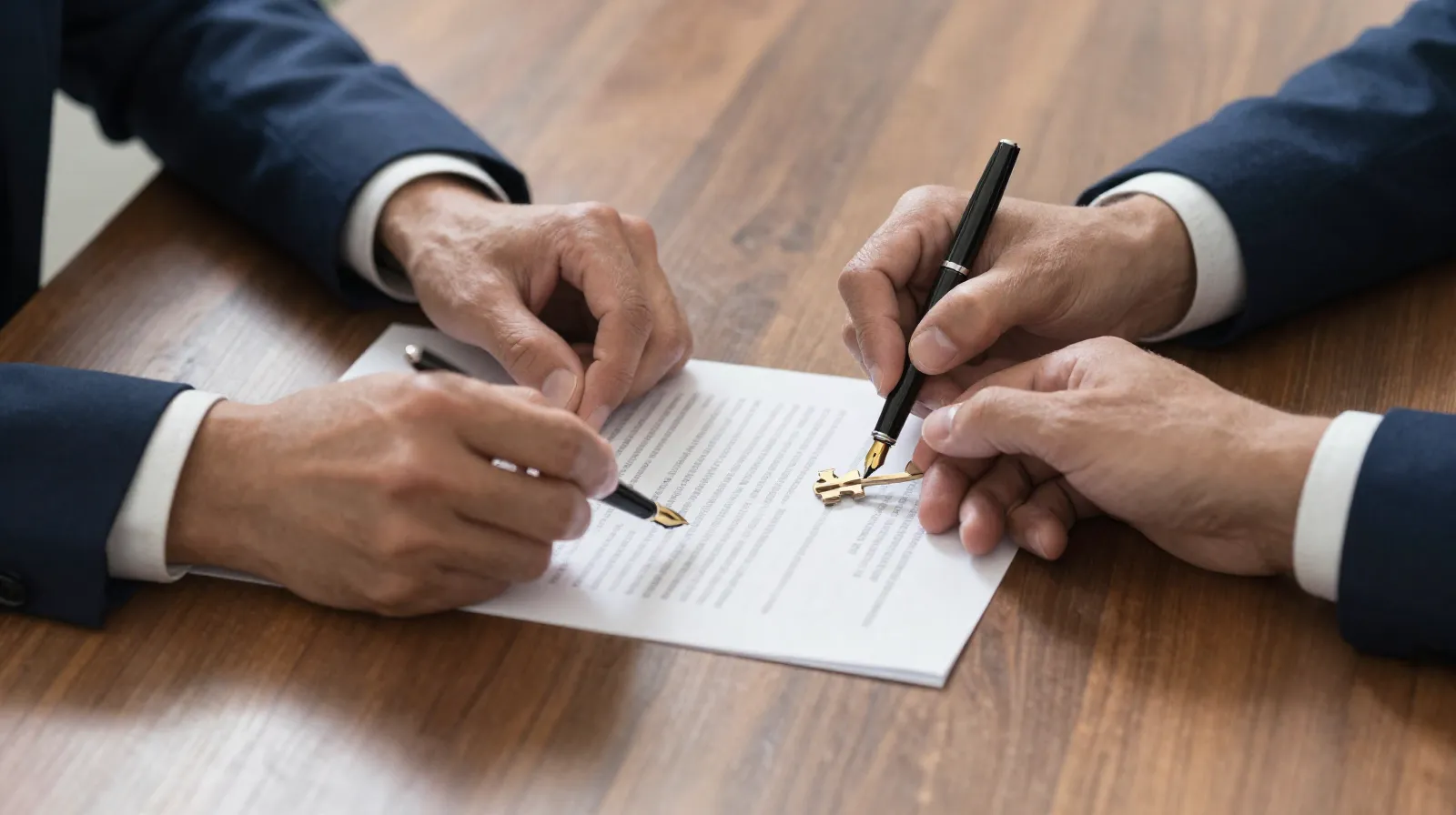 Dos manos firmando el acta de entrega con pluma fuente