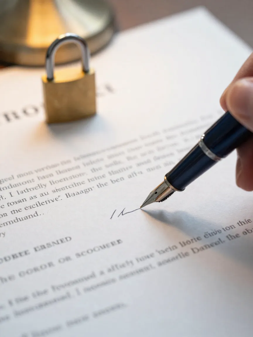Pluma fuente firmando un contrato de arrendamiento junto a un candado de latón