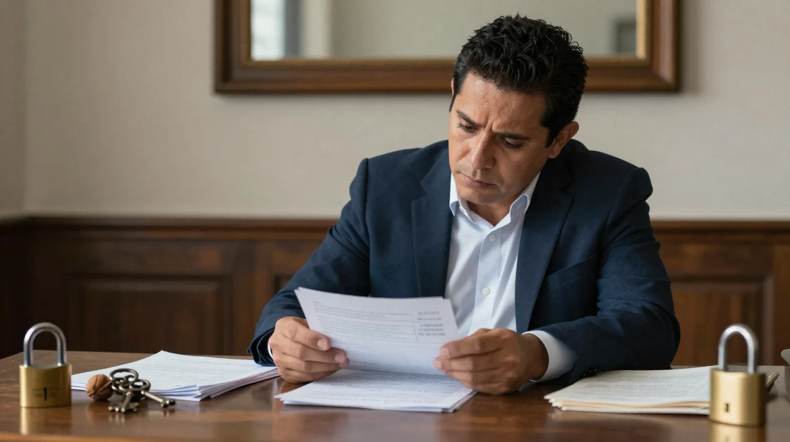 Propietaria mexicana revisando un contrato de arrendamiento con una maqueta de edificio en el escritorio