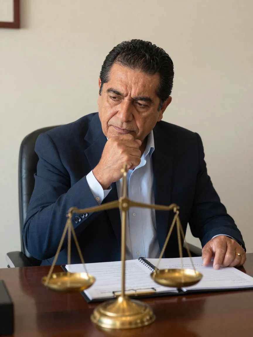 Propietario sopesando la vía amistosa y la vía judicial con una balanza