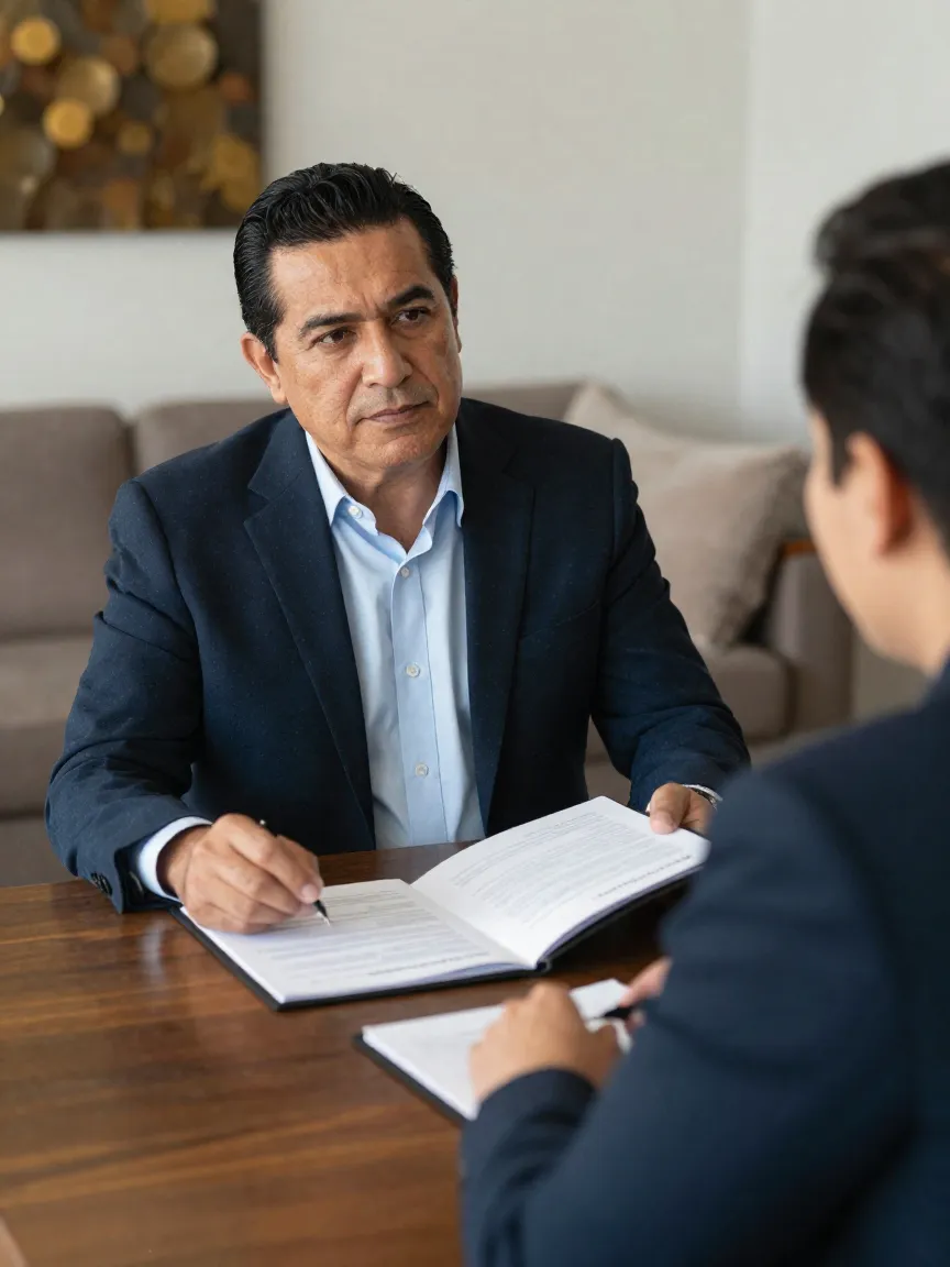 Obligado solidario conversando con el propietario en una sala