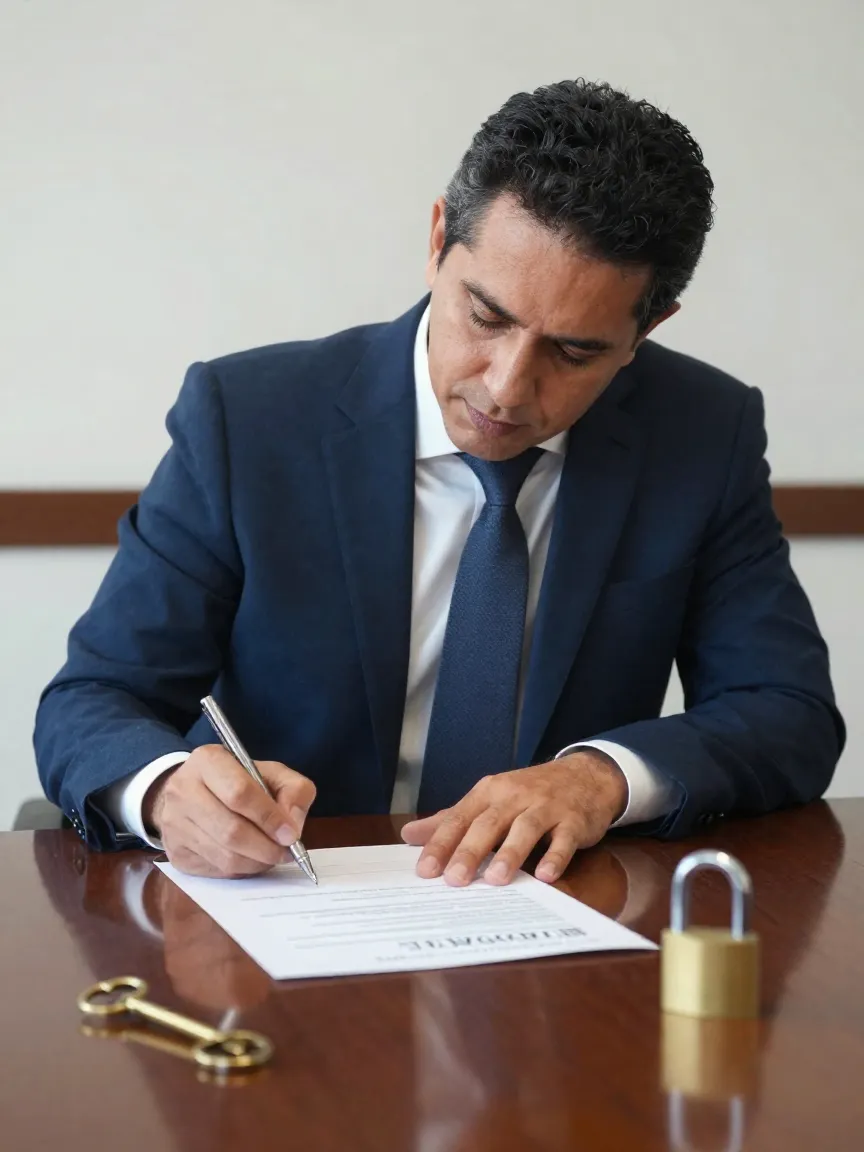 Ejecutivo mexicano firmando como representante legal de una empresa