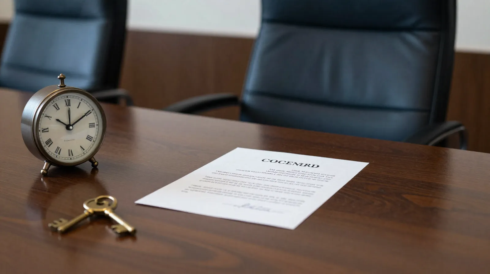 Silla vacía en una sala de juntas con un contrato y un reloj