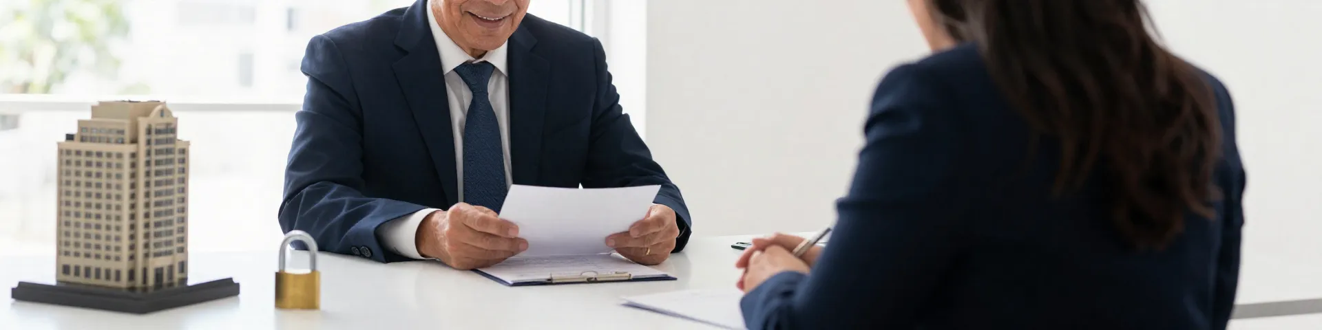 Propietario y asesora revisando la protección de una renta empresarial