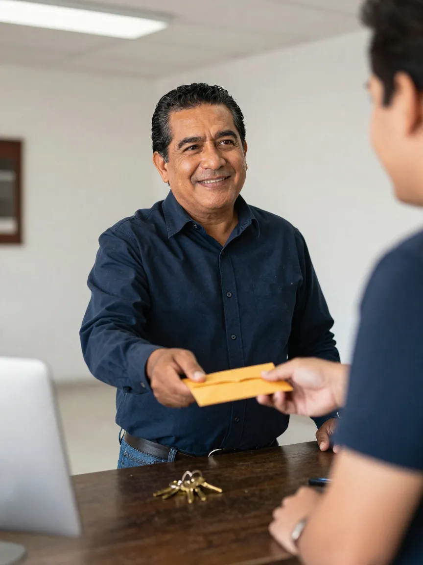 Propietario recibiendo un depósito de un comerciante en un local vacío