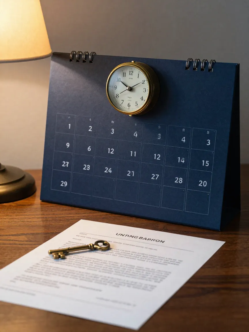 Calendario de plazo y renovación junto a un contrato y reloj antiguo