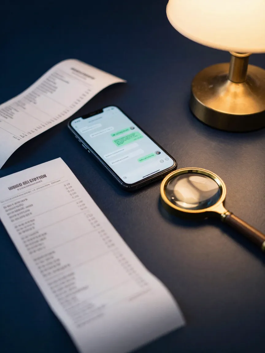 Recopilando pruebas: recibos, mensajes y transferencias sobre un escritorio