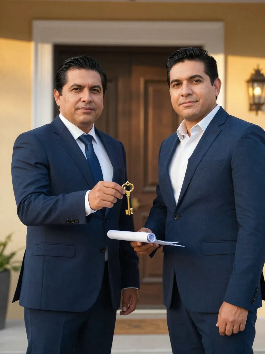 Agente inmobiliario entrega llaves antiguas a inquilino frente a edificio residencial de la Del Valle