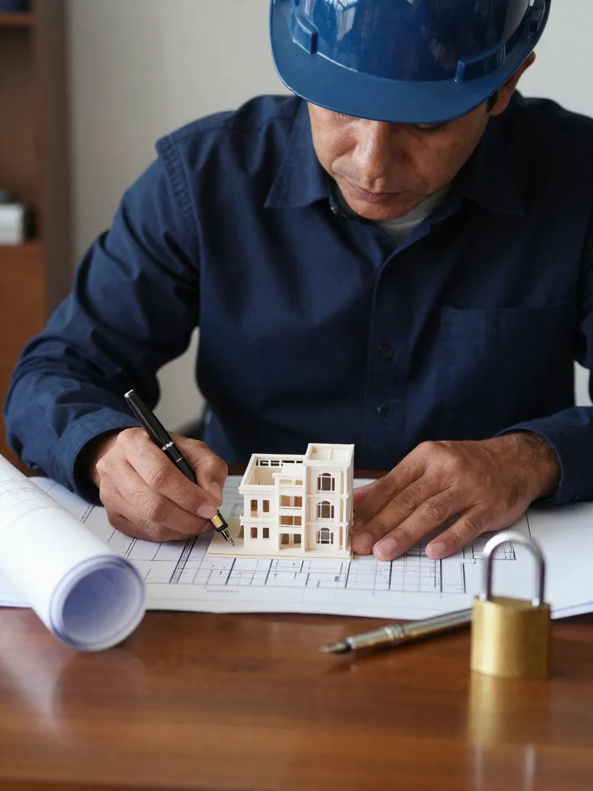 Inspector revisa maqueta de edificio y plano sobre escritorio de nogal para evaluar el estado del inmueble