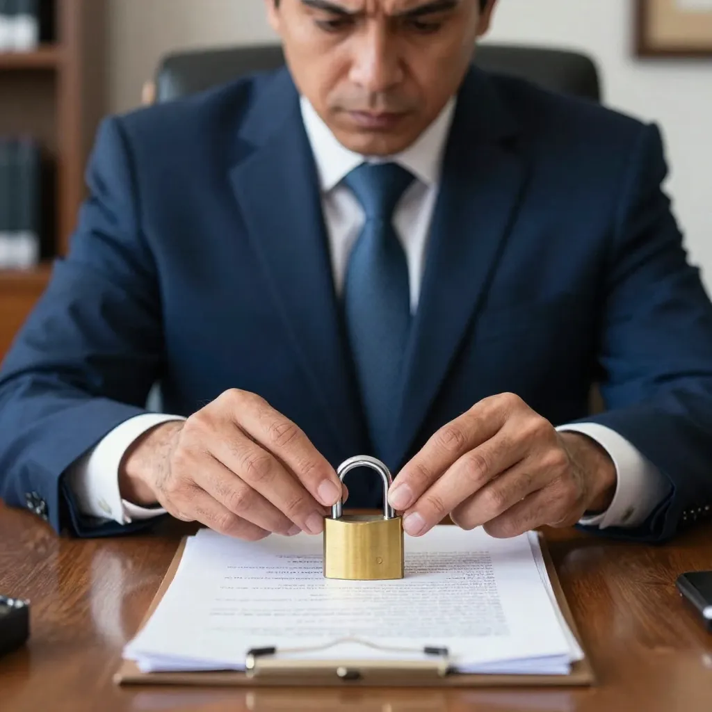 Abogado mexicano revisa candado de latón entreabierto como símbolo de riesgo legal en un contrato de renta