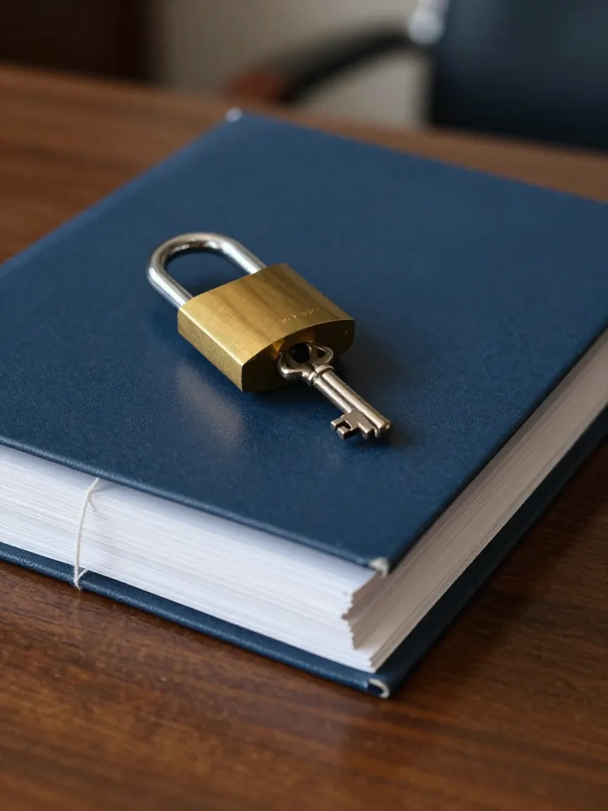 Carpeta con documentos de juicio de desalojo y candado de latón sobre escritorio