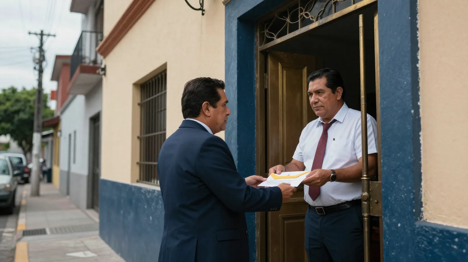 Actuario entrega notificación judicial a propietario mexicano en la puerta del inmueble