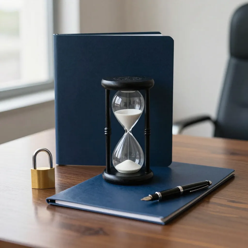 Reloj de arena sobre un escritorio de despacho jurídico simboliza el tiempo del juicio
