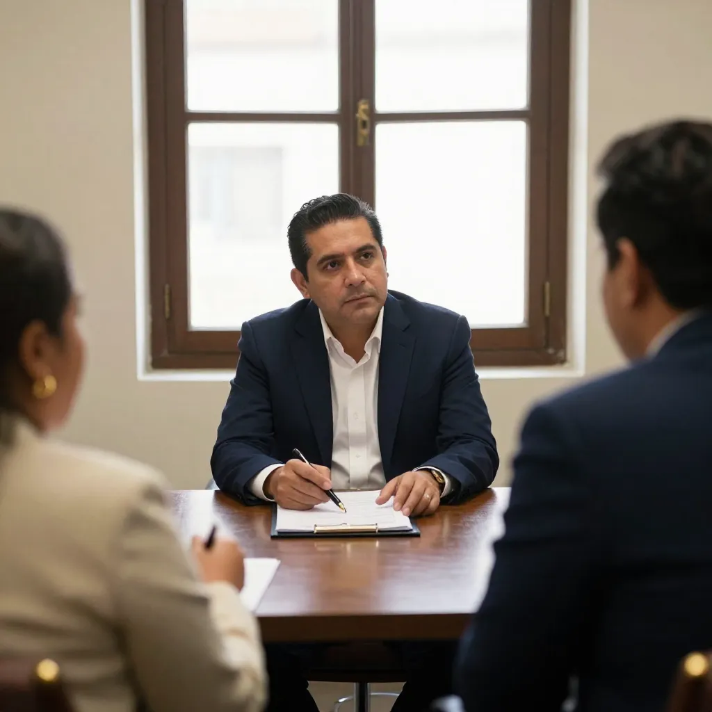 Asesor jurídico negocia pago con inquilino mexicano en una oficina pequeña