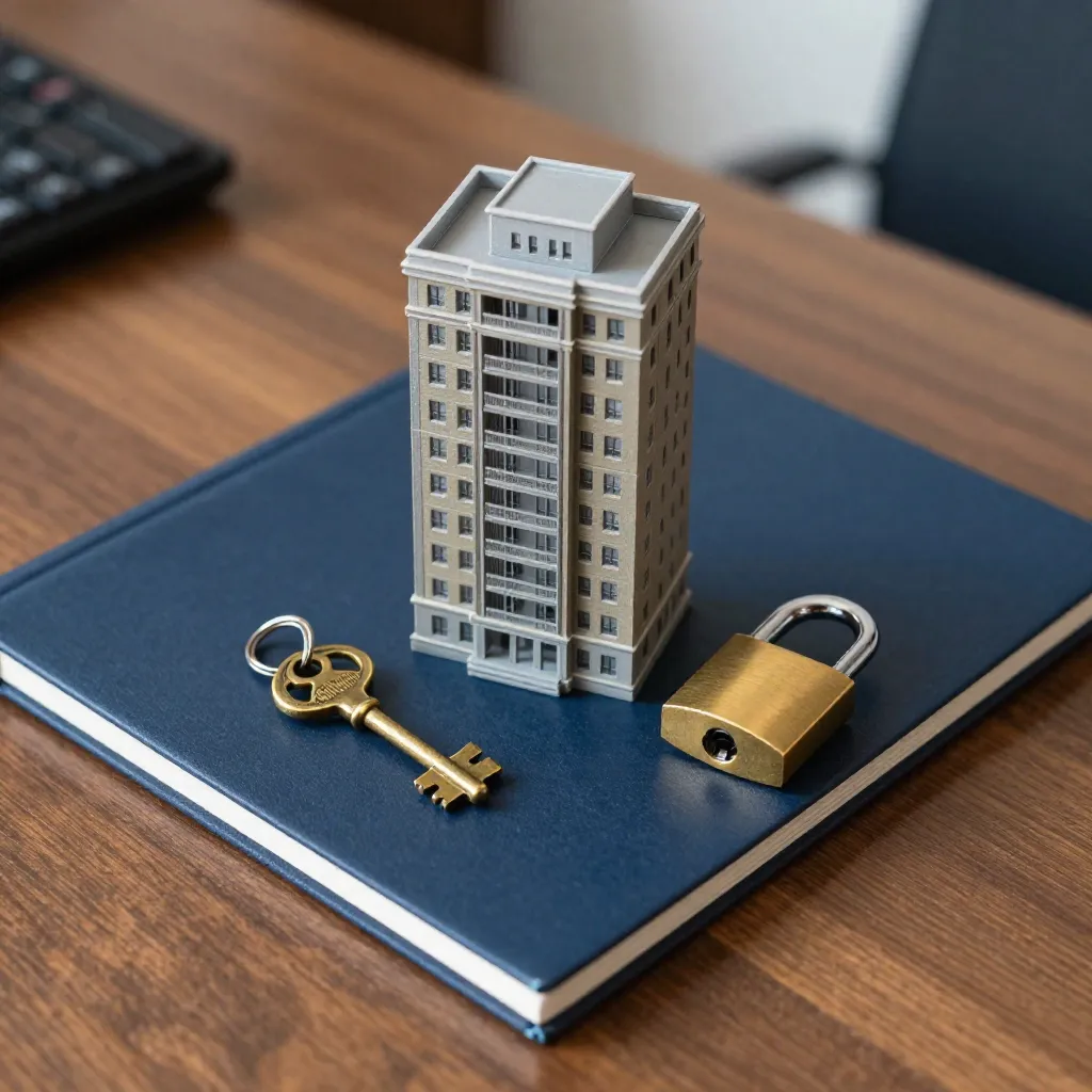 Maqueta de edificio y llaves antiguas sobre una carpeta representan la protección del inmueble