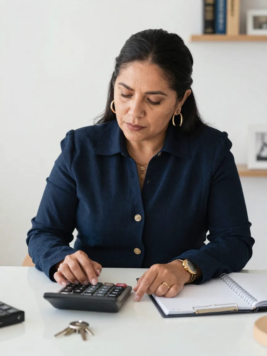 Propietaria calculando con calculadora cuánto cubre el ingreso de un candidato