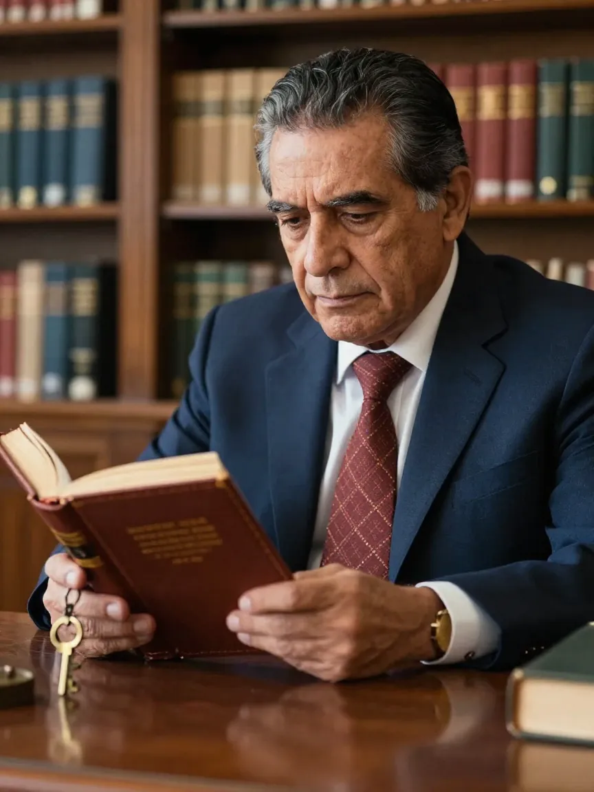 Propietario consultando un código legal con un libro encuadernado