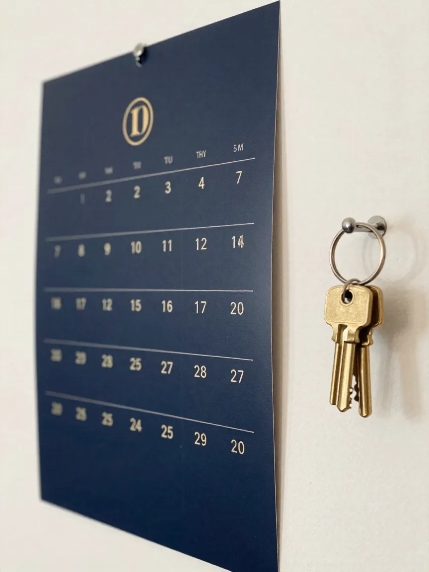 Calendario anual con un mes destacado y llaves de latón
