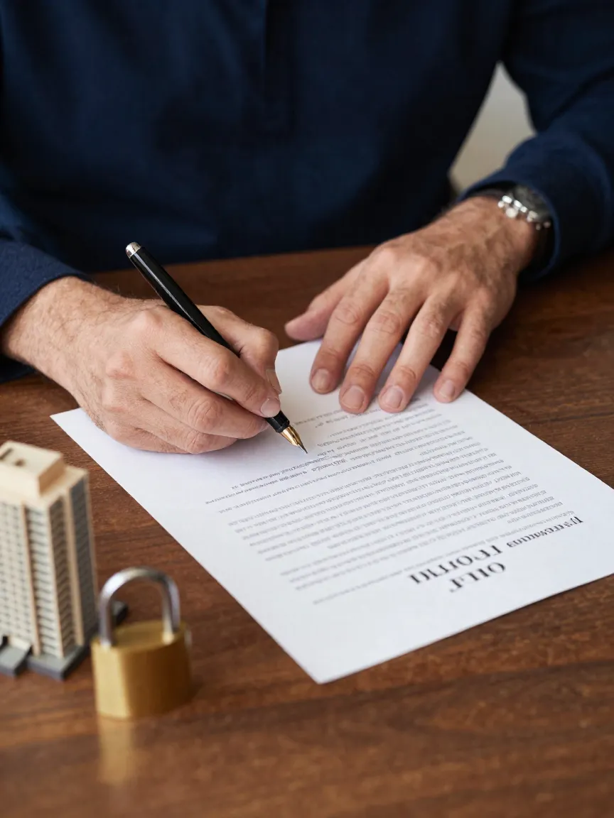 Manos firmando un contrato de arrendamiento con pluma fuente sobre escritorio de nogal