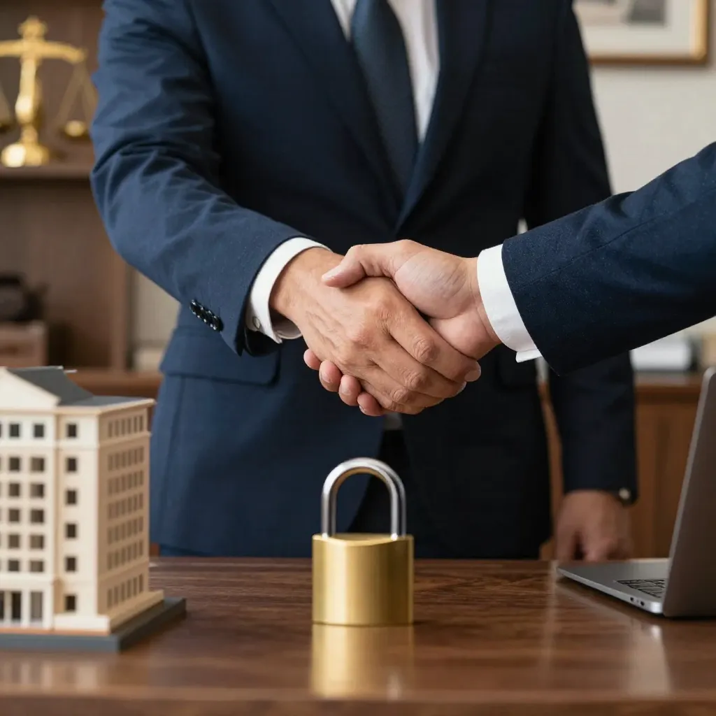 Abogado mexicano estrechando la mano de un propietario tras firmar un acuerdo de protección jurídica