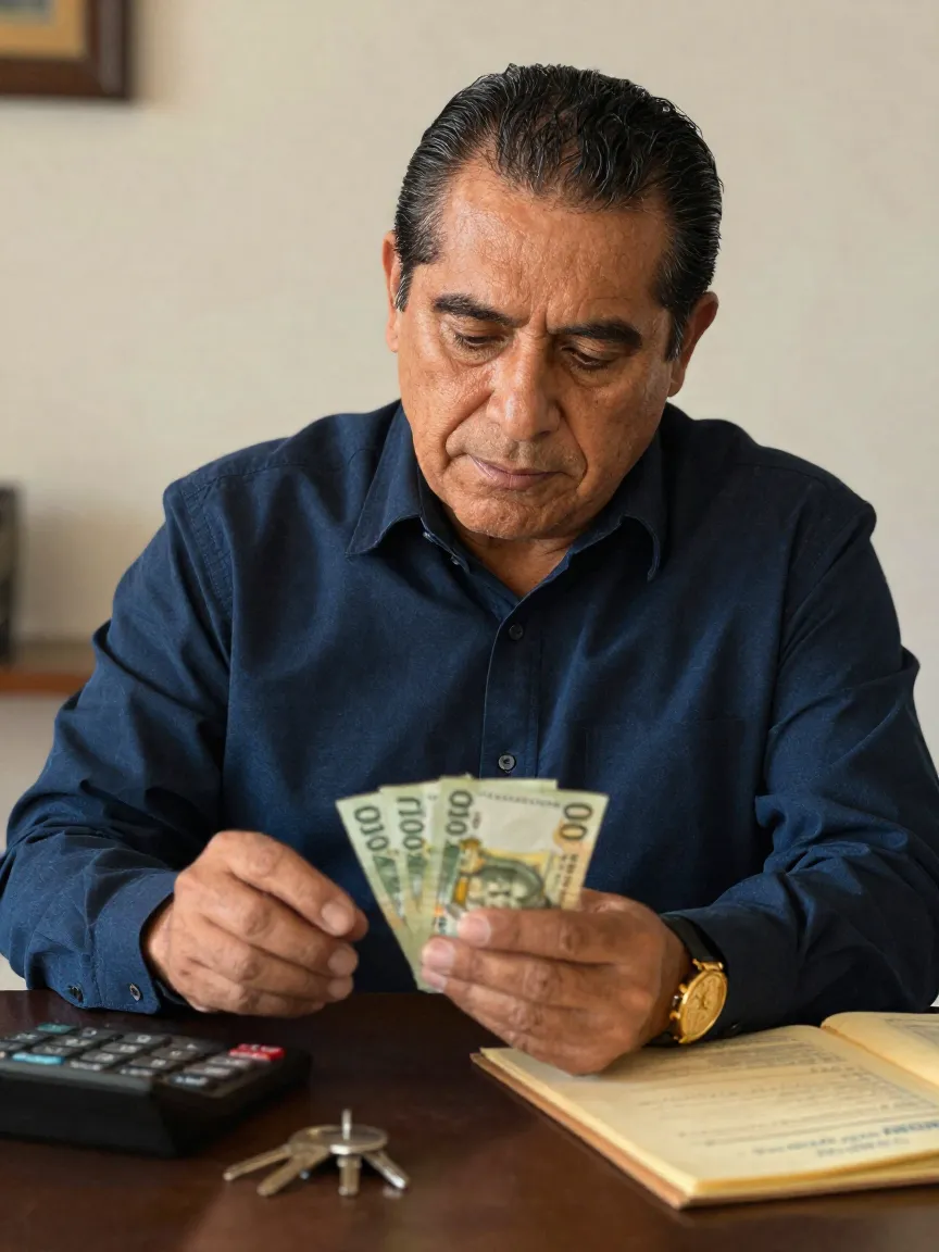 Propietario contando billetes con calculadora para un depósito