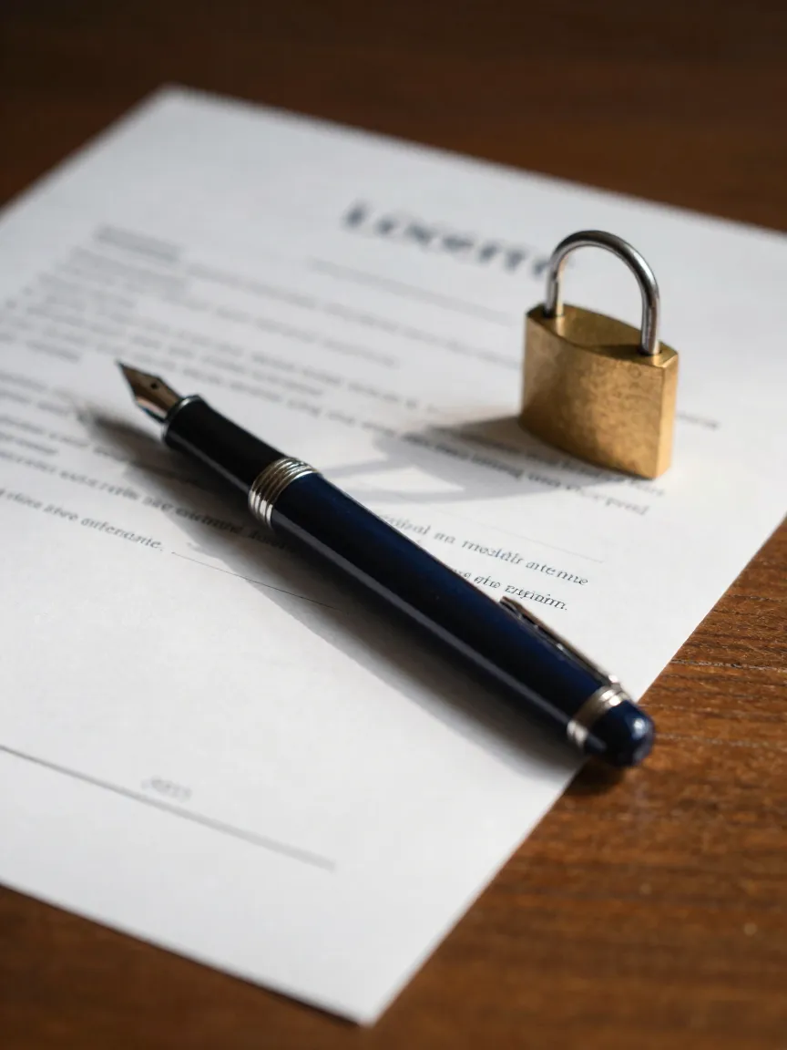 Documento de contrato y pluma fuente representan la terminación de un contrato de arrendamiento
