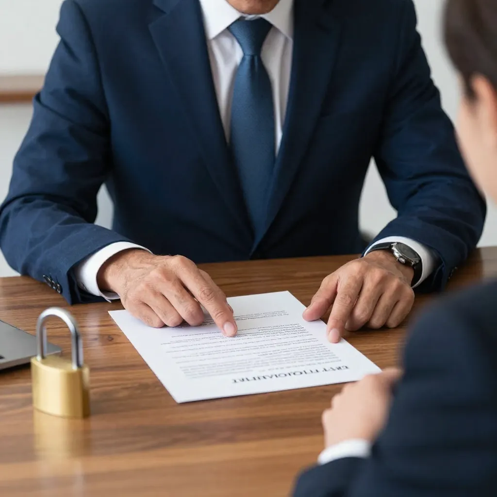 Abogado mexicano explica opciones legales a propietario adulto en escritorio con contrato