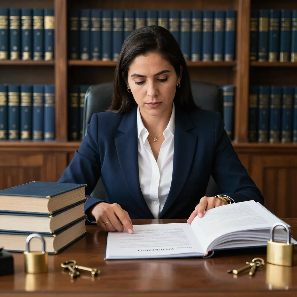 Abogada mexicana revisa códigos legales y contratos de arrendamiento en biblioteca de despacho