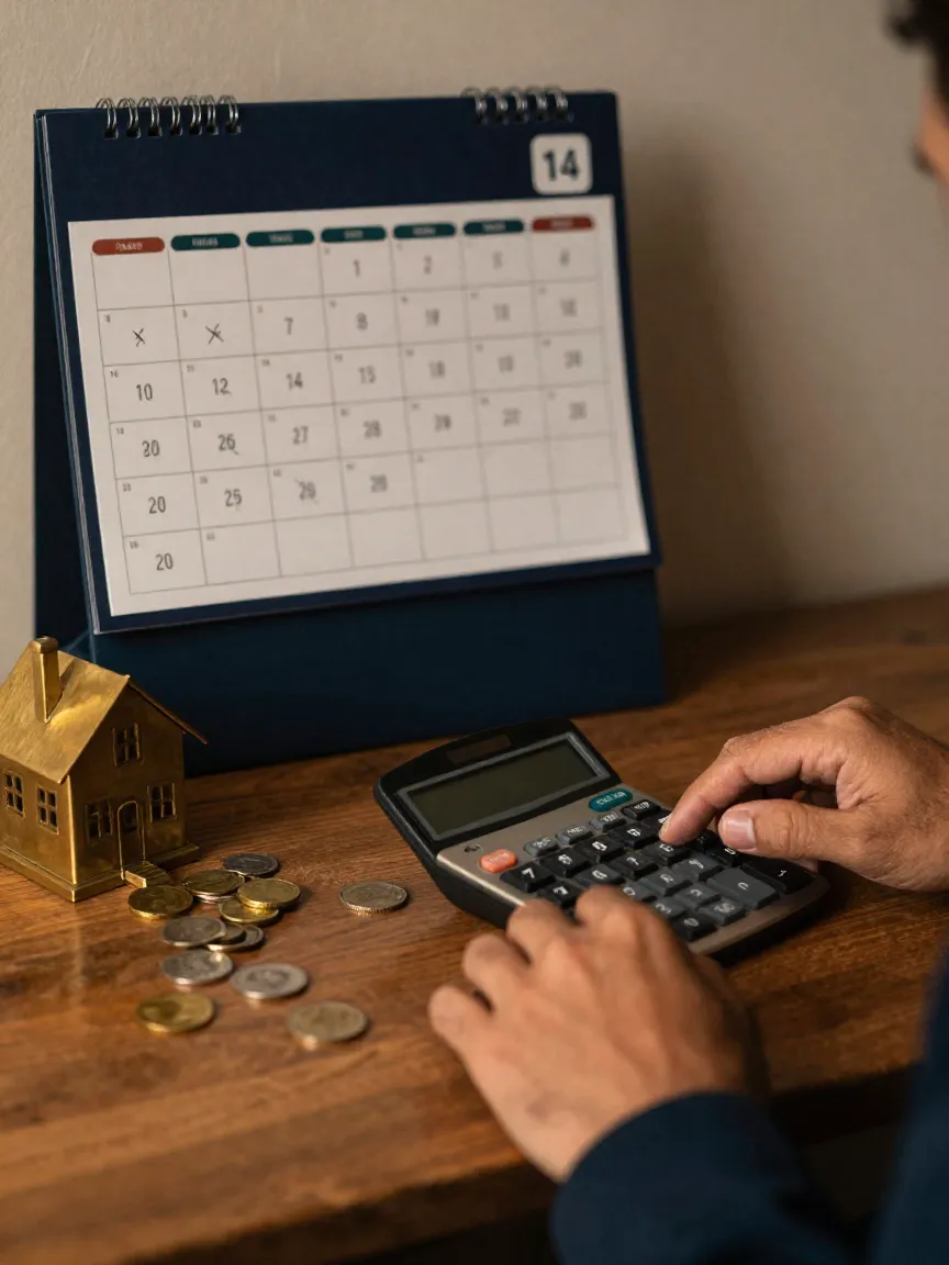 Calendario con días tachados y monedas dispersas en un escritorio