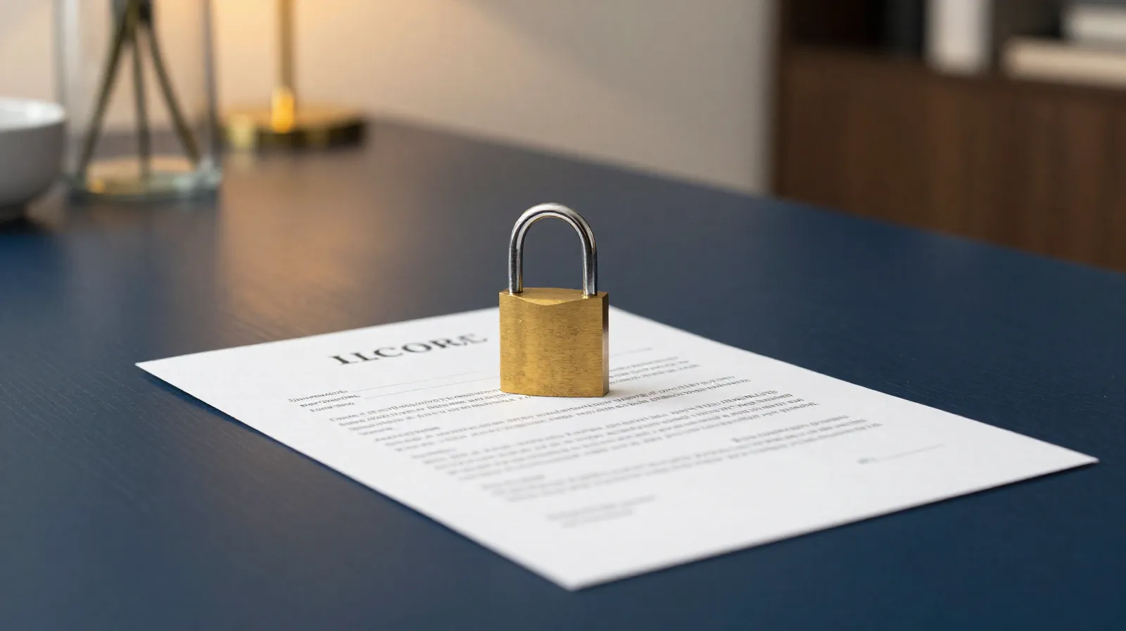 Candado de latón sobre un contrato firmado dentro de un departamento