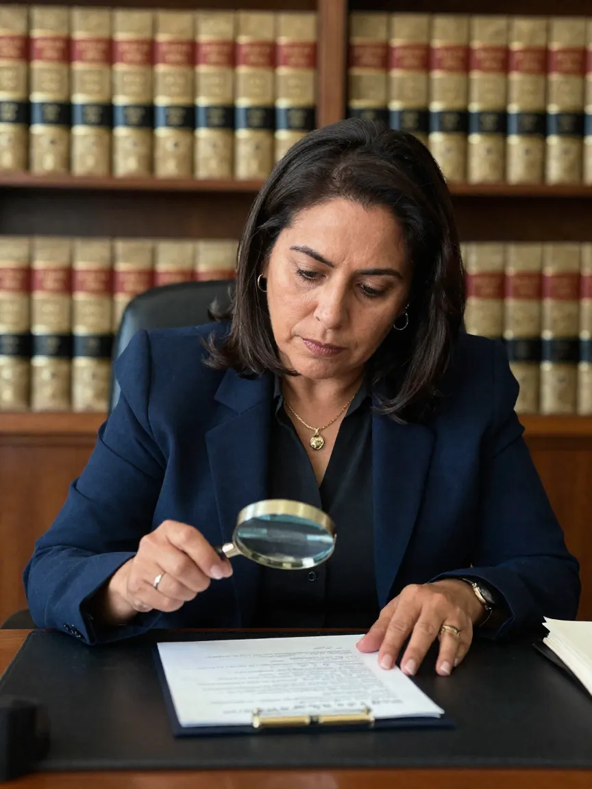 Abogada mexicana analizando un pagaré con una lupa