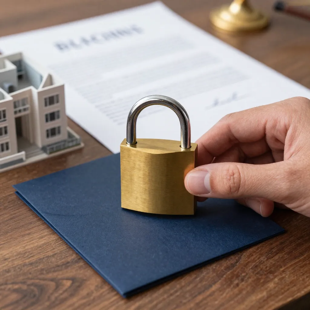 Protección jurídica: candado, contrato y maqueta de edificio