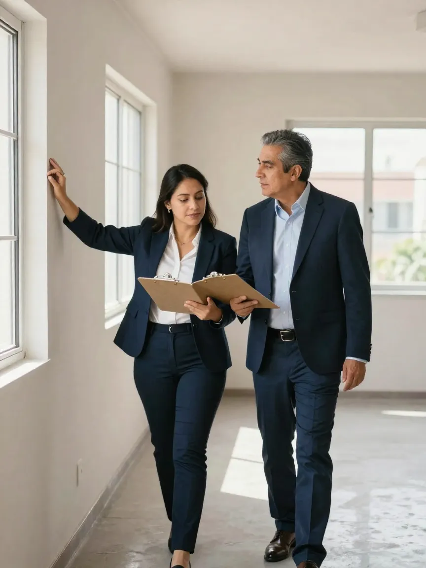 Pareja revisando el inmueble con una lista en la entrega