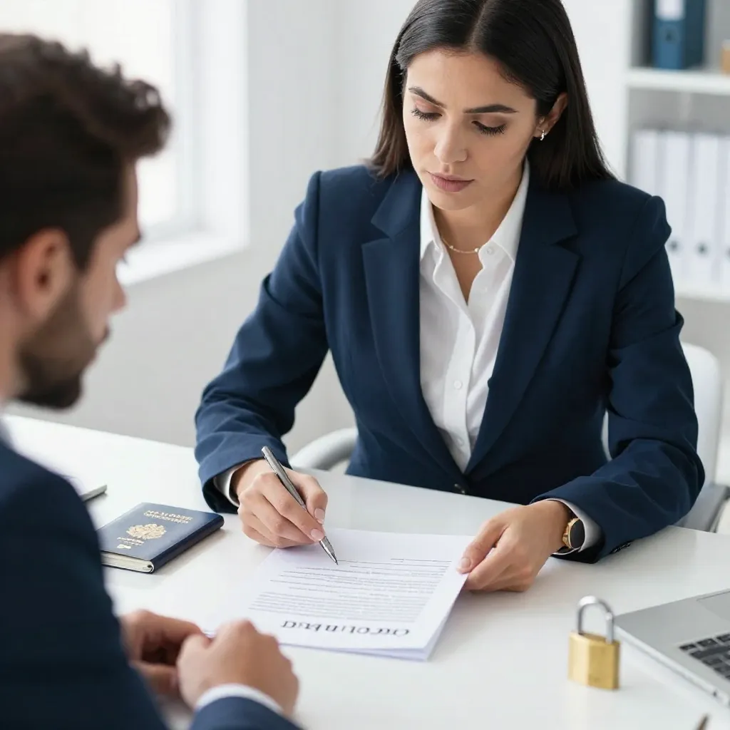 Extranjero y asesora revisando el contrato bilingüe