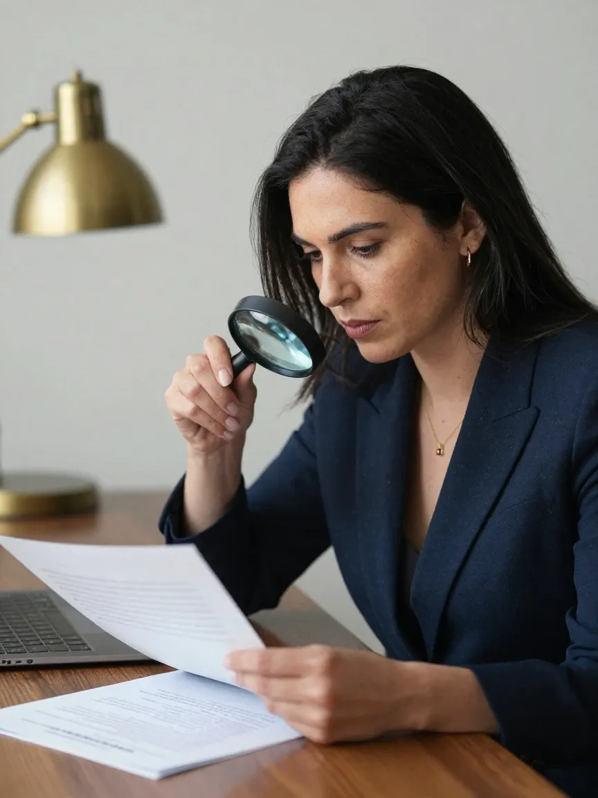 Asesora comparando dos documentos con una lupa