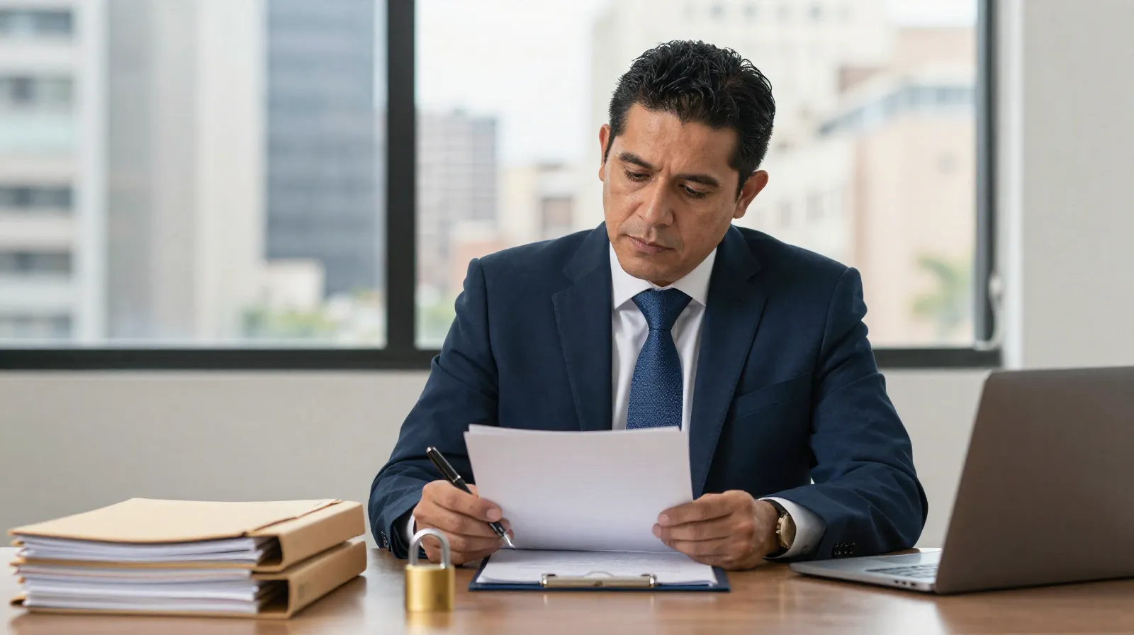 Abogado mexicano preparando una denuncia con documentos