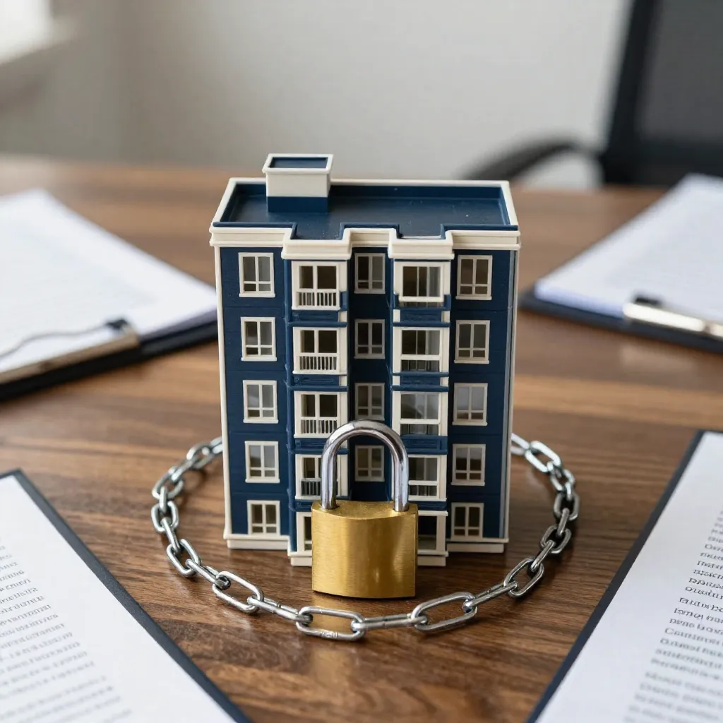 Maqueta de edificio protegida con candado y documentos