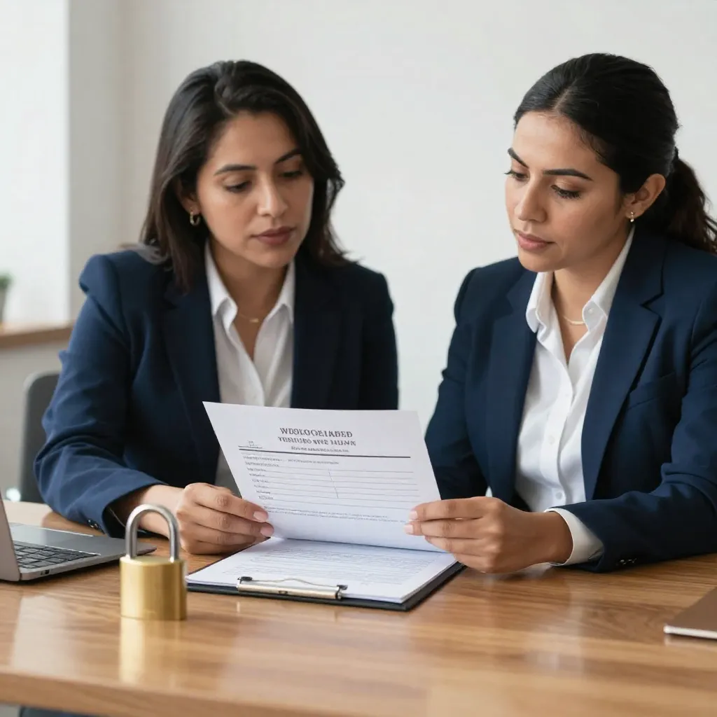 Asesor y propietaria revisando verificaciones antes de firmar