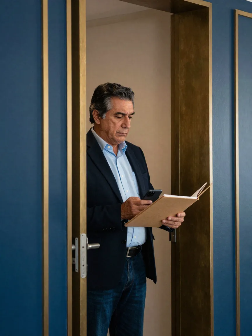 Propietario revisando por la ventana un departamento aparentemente vacío