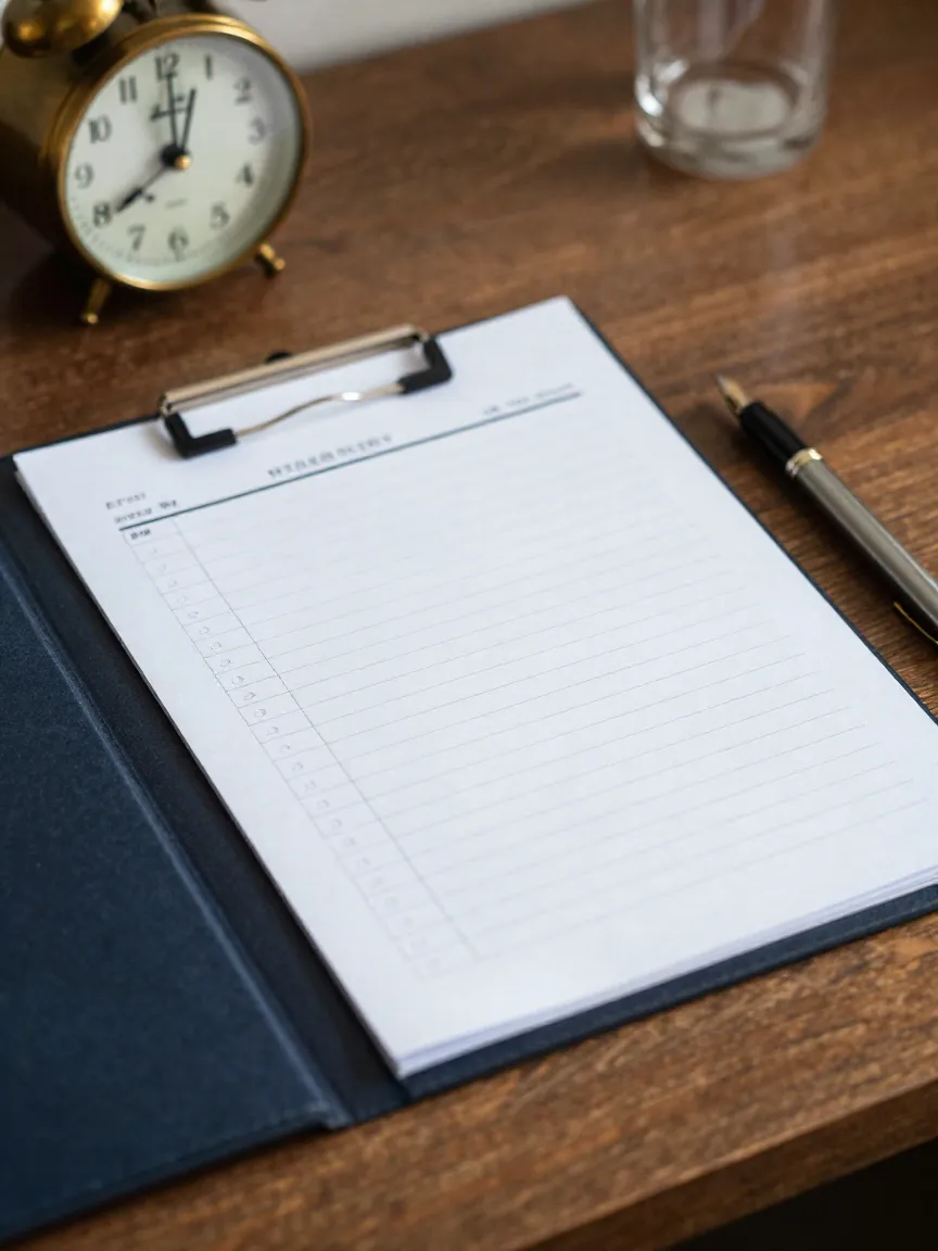 Lista de pasos en orden con reloj y carpeta