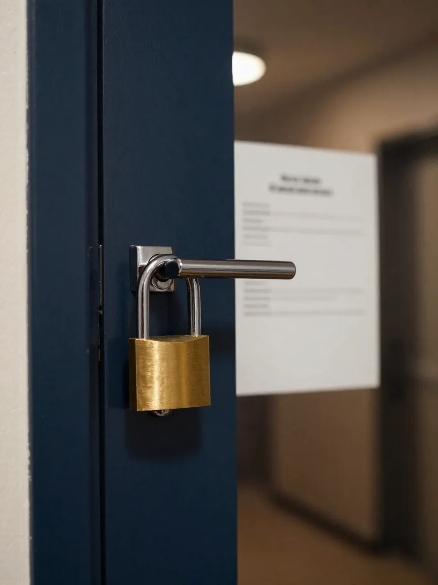 Cerradura de puerta cerrada con un aviso de advertencia sin texto