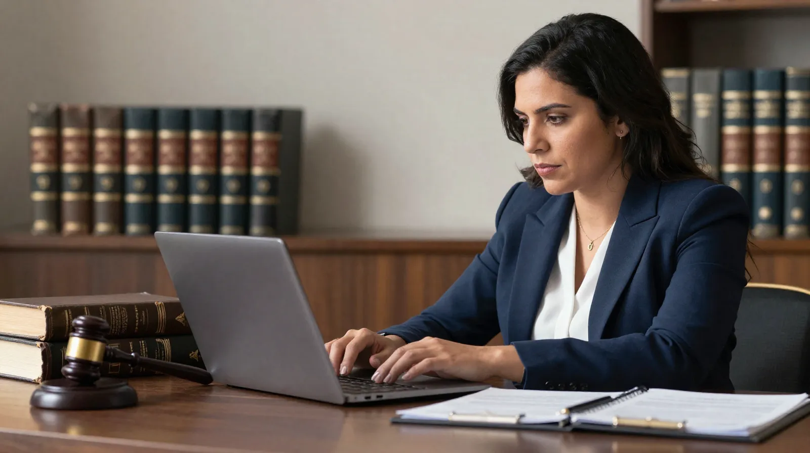 Abogada mexicana redactando una demanda en su computadora