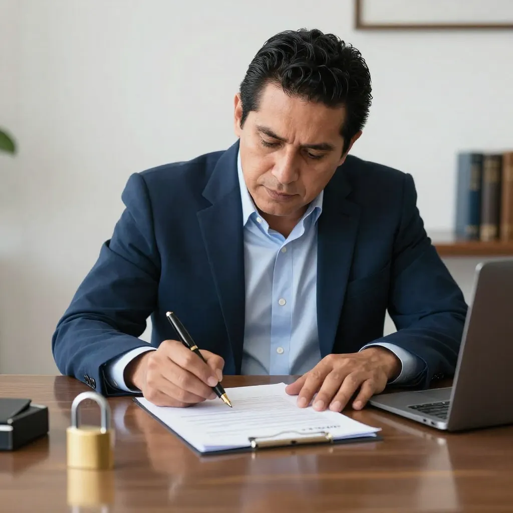 Propietario tranquilo firmando un contrato protegido